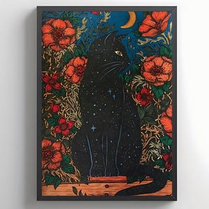 Black Cat Klimt Painting, Gustav Klimt Garden Cat Print, Klimt Flowers Cat Poster, Floral Print, Cat Lover Gift, Home Décor Poster