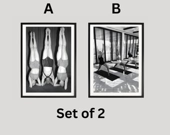 Set Of 2 Minimal Yoga Photography Print, Black White Fitness Poster, Modern Meditation Room Wall Decor Artwork