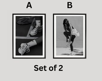 Set Of 2  Black And White Tennis Detail Print, Minimal Sports Photography Poster, Modern Court Aesthetic Wall Decor