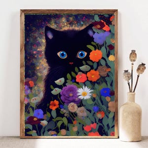 Gustav Klimt Garden Flowers Cat Poster, Black Cat Gustav Klimt Print, Cat Lover Gift, Animal Poster, Gustav Klimt Exhibition, Art Love