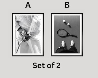 Set Of 2 Minimalist Tennis Photography Print, Black and White Tennis Wall Art, Luxury Sport Aesthetic Poster Decor