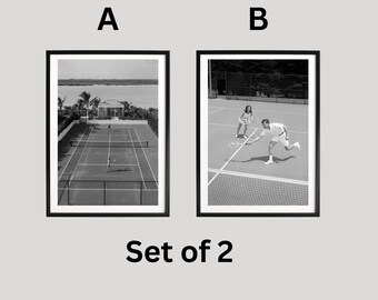 Set Of 2 Retro Tennis Court Photography Print, Black And White Athlete Poster, Minimal Sports Room Wall Decor