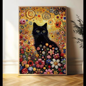 Gustav Klimt Black Cat Print, Black Cat Poster, Klimt Flowers Cat Poster Wall Art Home Décor, Cat Artwork, Digital Art Print, Art Lover