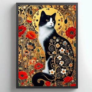 Gustav Klimt Garden Cat Print Poster, Klimt Flowers Cat Painting, Black Cat Art, Floral Print, Cat Lover Gift, Famous Klimt Wall Art