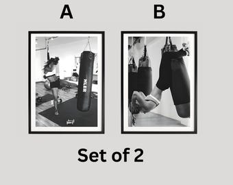 Set Of 2 Black And White Kickboxing Wall Art Print, Female Fighter Gym Poster, Modern Martial Arts Fitness Decor