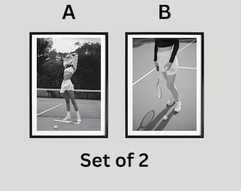 Set Of 2 Minimal Tennis Court Photography Print, Black And White Athlete Poster, Modern Sports Room Wall Decor