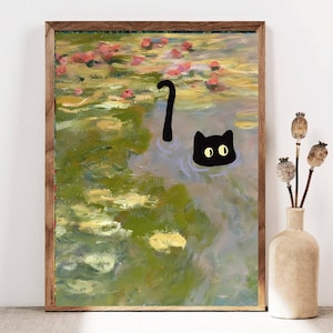 Monet Black Cat Painting, Monet Waterlily Cat Print, Black Cat Poster, Floral Art, Claude Monet Cat Art, Digital File, Framed Art Gift
