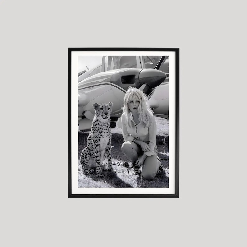 Brigitte Bardot Poster, Black and White Photography Print, Vintage Safari Portrait, Celebrity Wall Art, Old Hollywood Decor image 1