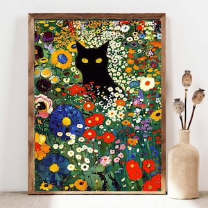 グスタフ・クリムトの黒猫の絵画、庭の花の猫のポスター、黒猫のアート、フルカラーの絵画、クリムトの猫、動物アート、室内装飾ポスター