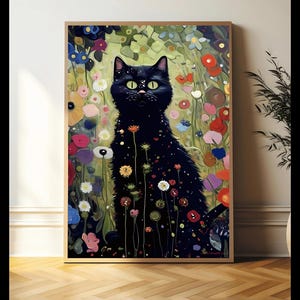 Gustav Klimt Garden Cat Painting, Gustav Kl, Gustave Klimt Flowers Cat Print, Black Cat Art, Gustav Klimt Cat, Gift For Lover Cat