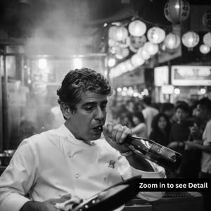 Peut inclure: Image en noir et blanc d'un chef en veste blanche buvant &agrave; une bouteille sombre. La sc&egrave;ne se d&eacute;roule en ext&eacute;rieur, avec des lanternes et des personnes en arri&egrave;re-plan. Le texte "Zoom in to see Detail" est visible.