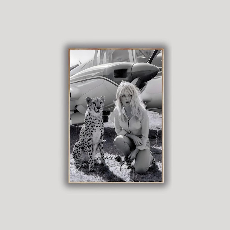 Brigitte Bardot Poster, Black and White Photography Print, Vintage Safari Portrait, Celebrity Wall Art, Old Hollywood Decor image 2