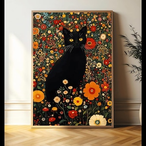 Gustav Klimt Black Cat Art , Gustav Klimt Flowers Cat Poster, cat Black Cat Art lover gift, Home decor, Digital Print,  Cute Kitty Poster