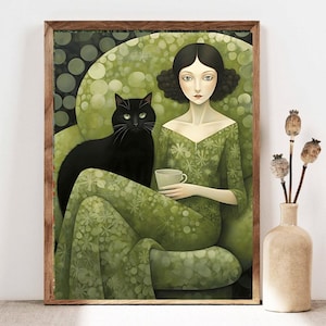 Gustav Klimt Woman and Black Cat Print, Gustav Klimt Black Cat Poster, Vintage Painting, Klimt Woman Art Print, Famous Woman Wall Art