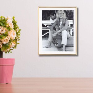 May include: A framed black and white photograph featuring a seated couple. The photograph is in a gold frame and is displayed on a white wall. A pink potted plant with peach-colored flowers is in the foreground.