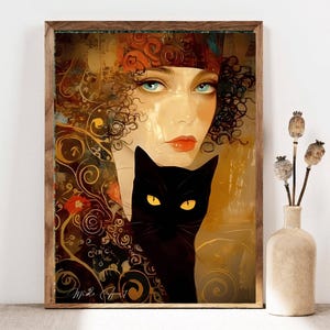 Gustav Klimt Woman and Cat Print, Black Cat Art, Klimt Wall Art, Floral Print, Elegant Woman Painting, Cat Lover Gift,  Unique Cat Art