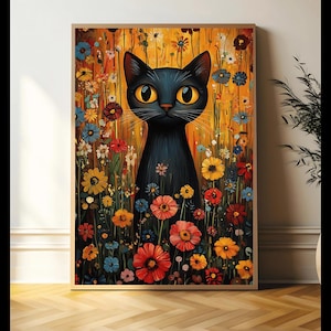Gustav Klimt Black Cat Painting, Black Cat, Cat Lover Gift, Klimt Flowers Cat Poster Wall Art Home Décor, Gustav Klimt Exhibition, Art Love