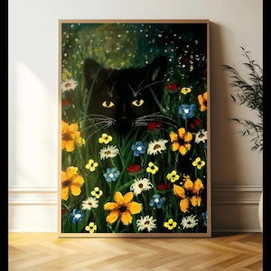 Gustav Klimt Garden Flowers Cat Poster, Black Cat Art, Gustav Klimt Print, Floral Art, Digital Wall Art,  Home Decor Poster, Cat Lover Gift