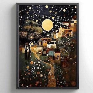 Gustav Klimt Village Night Poster, Klimt Moon Stars Tree Wall Art Print, Dreamy Night Landscape, Gustav Klimt Village Night Art, Wall Décor