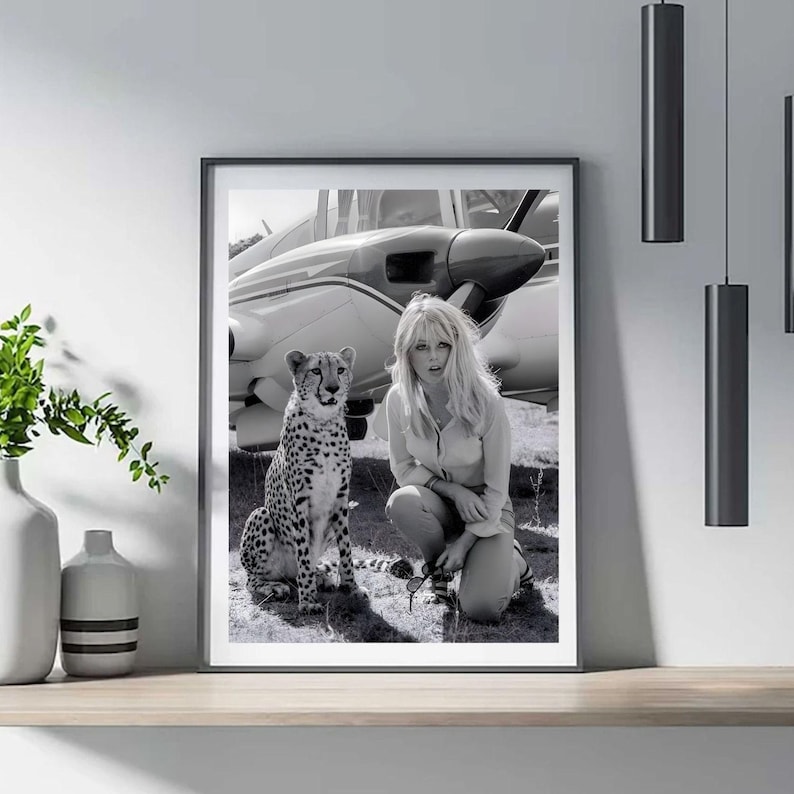 Brigitte Bardot Poster, Black and White Photography Print, Vintage Safari Portrait, Celebrity Wall Art, Old Hollywood Decor image 3