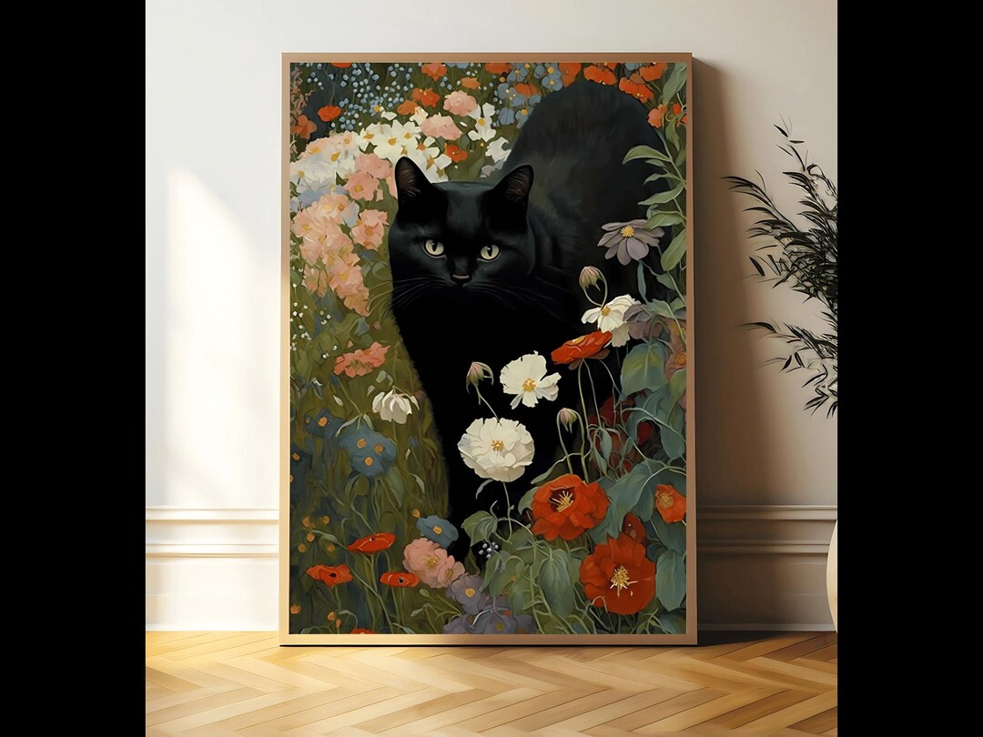 Gustav Klimt Black Cat in the Garden Poster, Klimt Flowers Cat Art ...