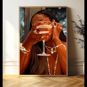Black Woman Art, Black Art, Black Female Art, Modern Black Art, Wine Glass Art,Black Culture Art, Feminine Black Girl Art, Digital Art