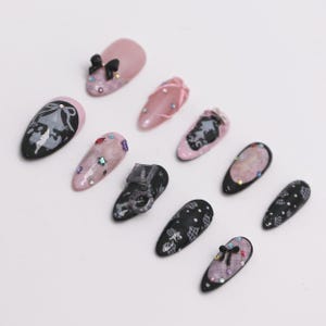 PearlyGood | Gothic Lolita Press On Nails 15 - Black Pink Lace Bows Rhinestone Nails | Coquette Literary Girl Style | Special Occasion Nail