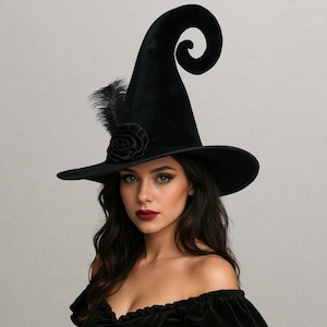Sombrero de bruja de Halloween Ren Faire para mujer, sombrero de bruja de terciopelo, sombrero de bruja retorcido, sombrero de bruja con lunares, sombrero de bruja medieval, conjunto de disfraz de Halloween