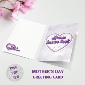 Muttertag druckbare Grußkarte, digitale faltbare glückliche Muttertagskarte 13x18, einzigartiges Geschenk für Mama, Geschenkidee Liebe lila Herz Karte