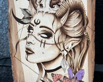 Hand Burned Horned Enchantress: Pyrography Animal Skull Art