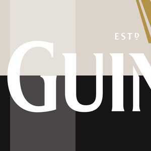 May include: A white graphic of the word "GUINNESS" with the word "ESTD" in gold above it. The background is a black and white checkered pattern.