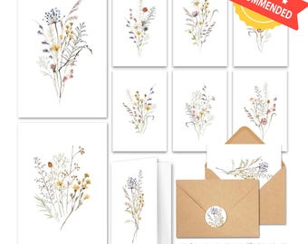 Juego de 20 tarjetas de felicitación en blanco con flores silvestres: tarjetas florales para cumpleaños, regalos y papelería.