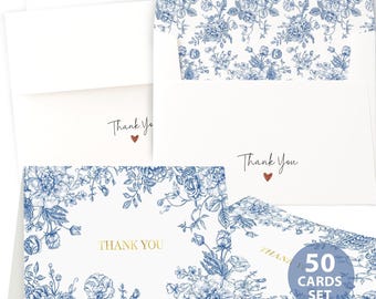 50 tarjetas de agradecimiento con estampado floral azul – Set de papelería de estilo chinoiserie, tarjetas de agradecimiento para bodas y despedidas de soltera, elegantes tarjetas de felicitación.