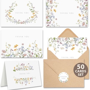 May include: A set of 50 floral "Thank You" cards with matching kraft paper envelopes. The cards feature watercolor illustrations of wildflowers in various arrangements, including a wreath and border designs. Each card has the words "Thank You" printed on it.