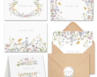 Tarjetas de agradecimiento con flores silvestres: notas florales modernas, pegatinas y sobres (20 unidades)