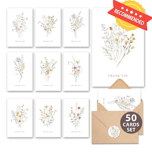 May include: A set of 50 "Thank You" cards with floral illustrations. The cards feature watercolor-style bouquets in muted tones. Includes kraft paper envelopes and a sticker seal. A red "Recommended" banner is in the top right corner.