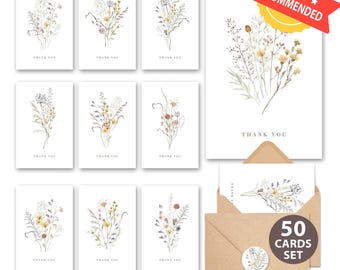 50 tarjetas de agradecimiento con diseño floral de flores silvestres, con sobres y pegatinas, ideales para bodas, despedidas de soltera, baby showers y profesores.