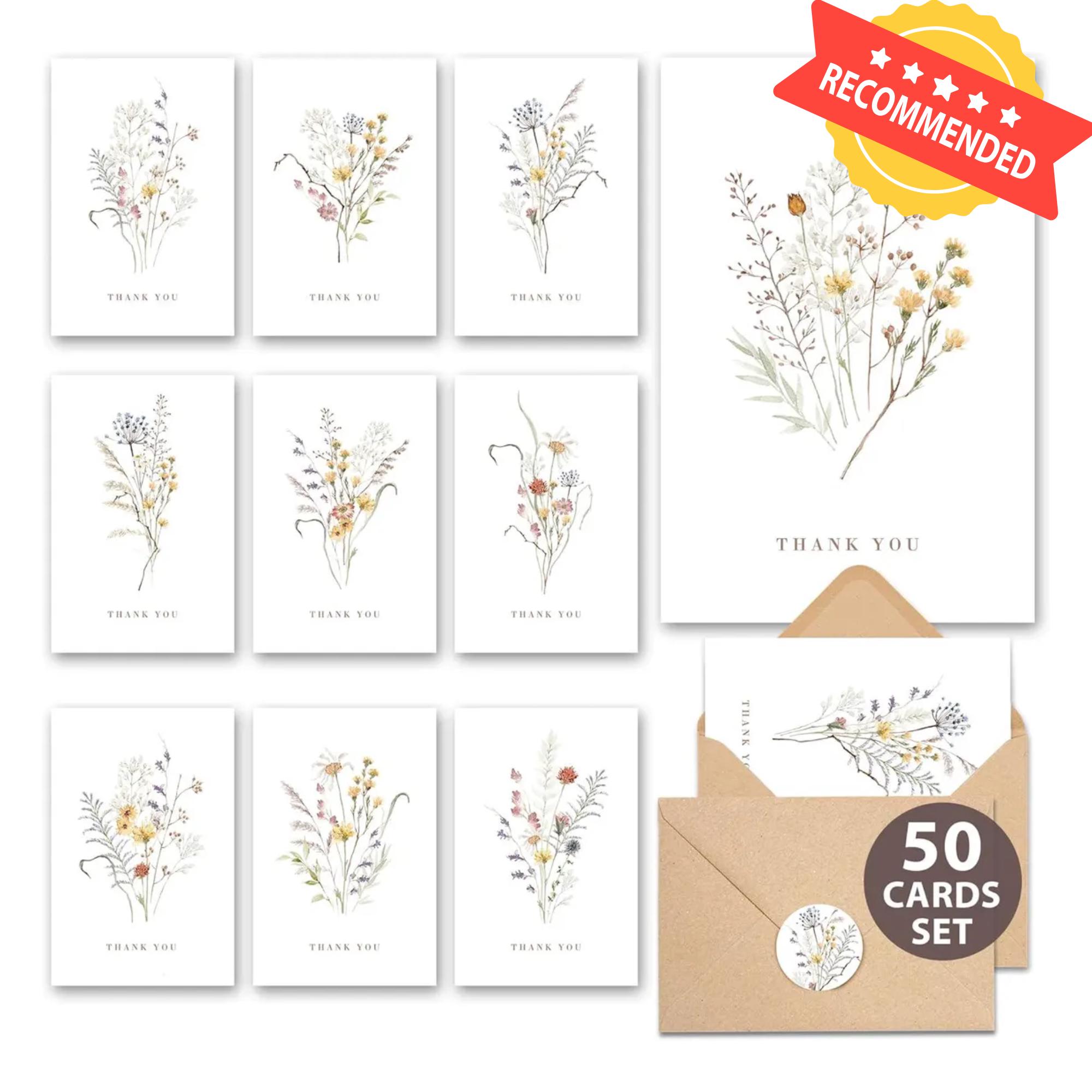 50pcs Wildflower Thank You Cards – Greenery Floral Design With ...