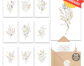 Juego de tarjetas de felicitación con flores silvestres: Tarjetas florales en blanco con sobres (50 unidades)