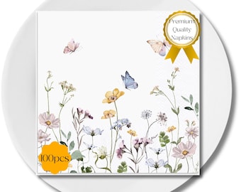 Servilletas de cóctel con diseño de mariposas y flores silvestres: decoración rústica bohemia para bodas (juego de 100 piezas)