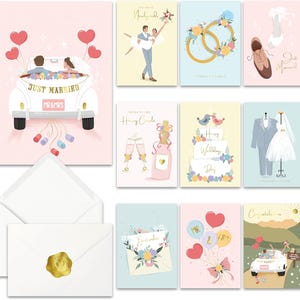 May include: A collection of wedding-themed greeting cards with various illustrations. Designs include a car with "Just Married" on it, a couple dancing, wedding rings, shoes, champagne, a cake, and a suit and dress. Envelopes with gold seals are also included.