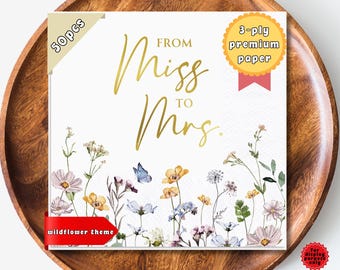 Servilletas bohemias para despedida de soltera: flores silvestres y doradas «De señorita a señora» - 50 unidades