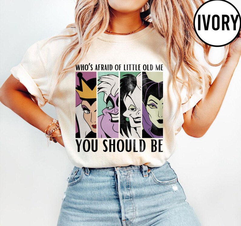 Vem är rädd för lilla gamla mig, bekväma färger, du borde vara Disney-skurkar, klassisk Disney-skurkar-tröja, Disney Halloween-tröja bild 4