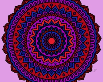 May include: A symmetrical mandala design in shades of red, blue, and purple, set against a light pink background. The intricate pattern features concentric circles with detailed geometric shapes and floral-like elements, creating a visually rich and balanced composition.
