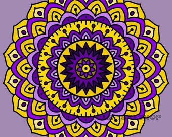 May include: A symmetrical mandala design in shades of yellow, purple, and lavender. The central starburst is surrounded by concentric circles of intricate patterns. The design is set against a lavender background.