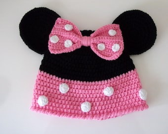 Black and Pink Crochet Hat-for halloween-Mini Mouse Hat-Crochet Baby Hat-for Baby or Toddler-Girl Hat-Pink Bow-Your choice of color