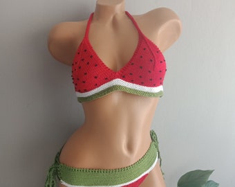 Crochet bikini top and bottom,Sexy womens Black Crochet watermelon Bikini top and brazilian bottom,Sexy Black Crochet gothic clothing