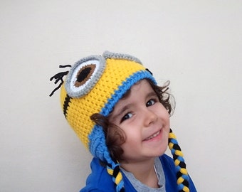 Minion Hats -Earflap minion hat-Crochet Minion Hat-halloween costume-twins-adult-two eyes- for Baby or Toddler-baby halloween outfits