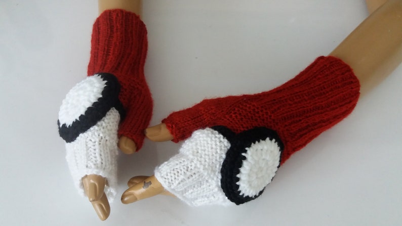 Knitting Pokeball Gloves,Knitted gloves,White and Red Fingerless,Pokemon Go Fans,Red,White,Black Fingerless Gloves image 1