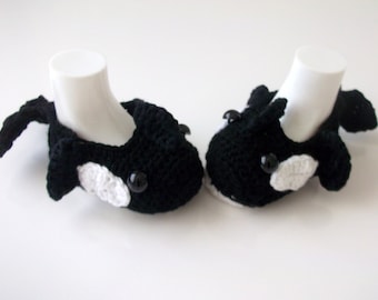 Cotton Crochet Baby Orca slippers, house shoes-Crochet Baby Booties-for Baby or Toddler-Crocheted Orca Whale -newborn boy slippers-animal